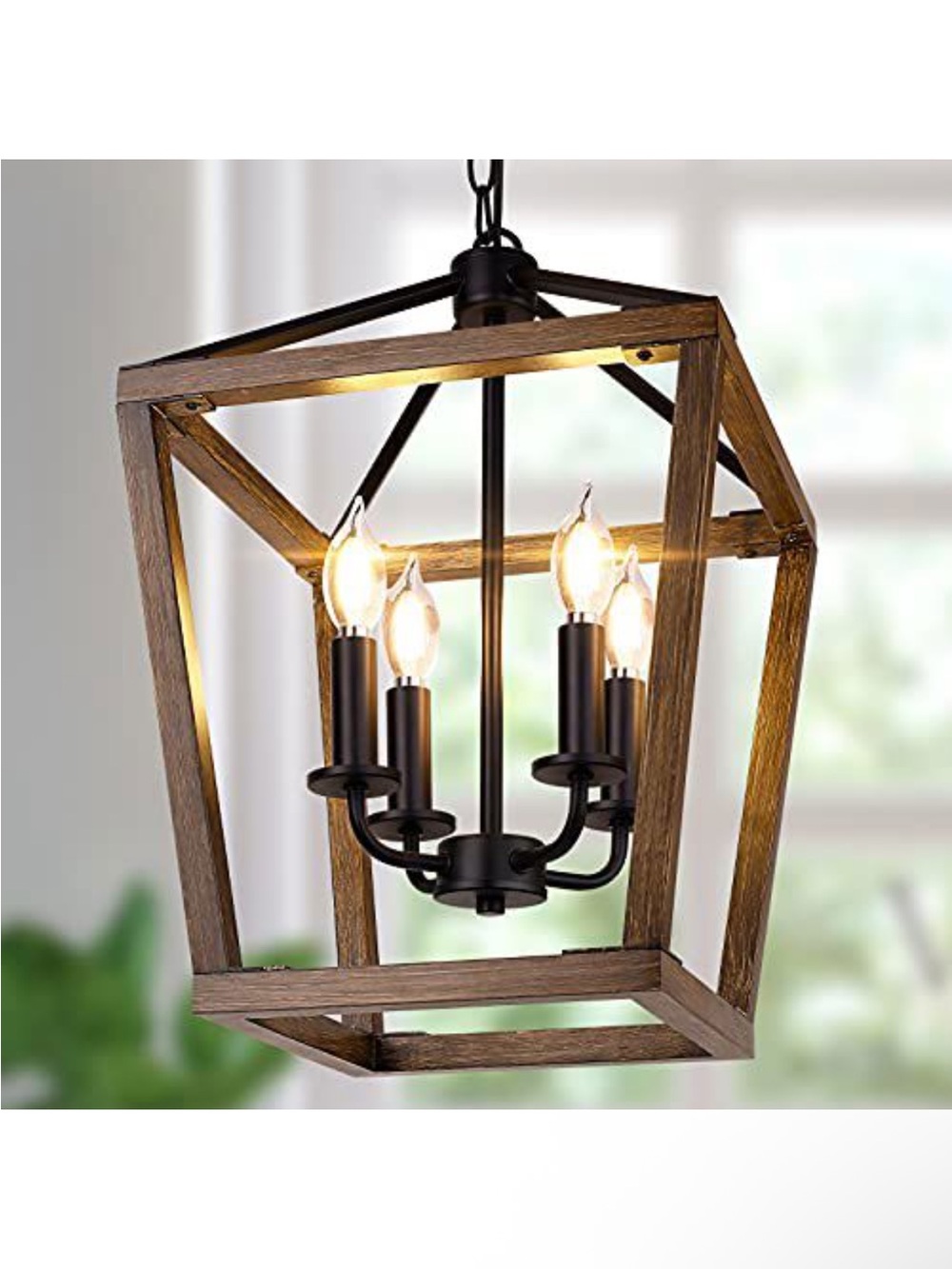 Wood Frame 4-Light Pendant Chandelier in Brown and Black